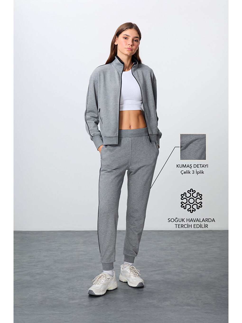 Gri Melanj Kompakt Pamuklu Kalın Pürüzsüz Dokulu Dik Yaka Oversize Fit Kadın Eşofman Takım - 95340-1