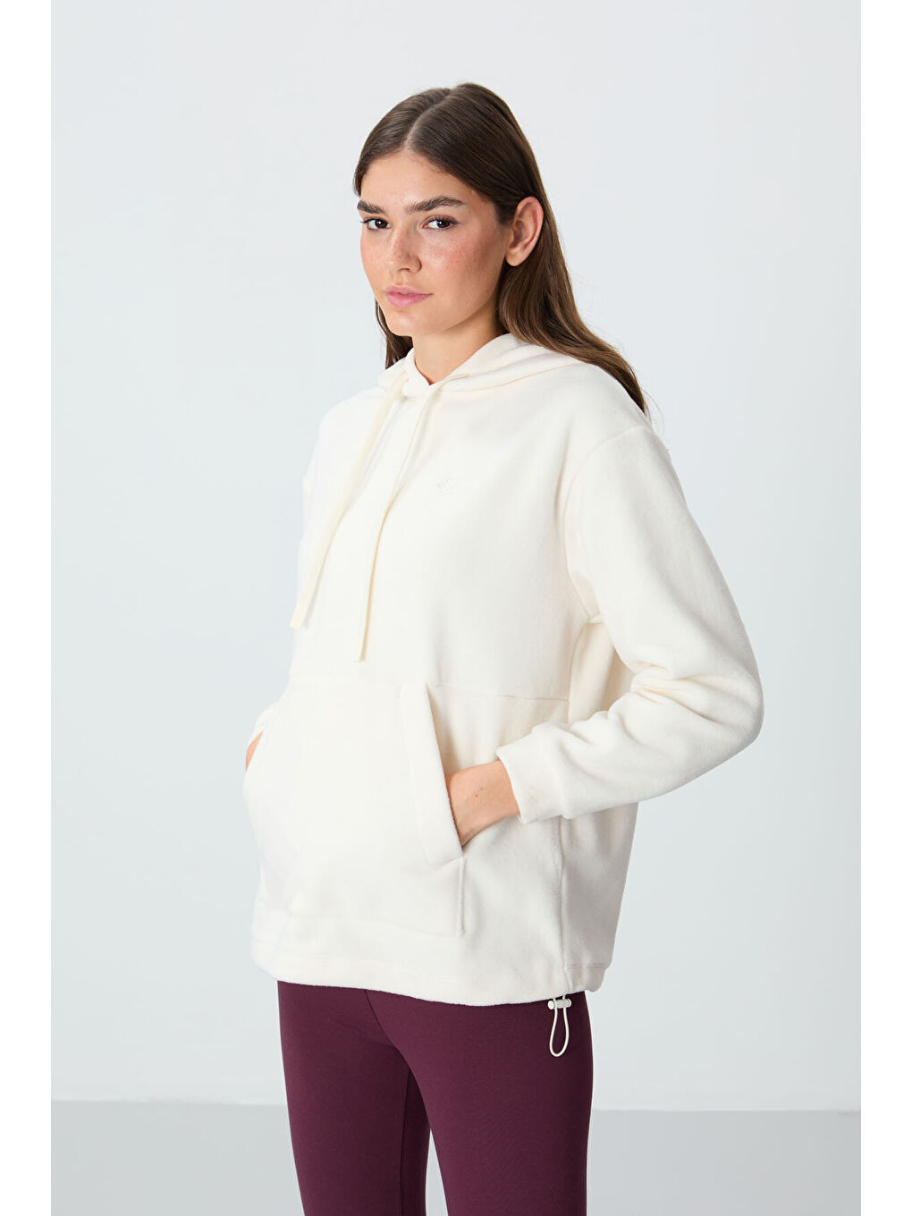 Ekru Kalın Yumuşak Dokulu Hoodie Oversize Nakışlı Polar Kadın 97292-3