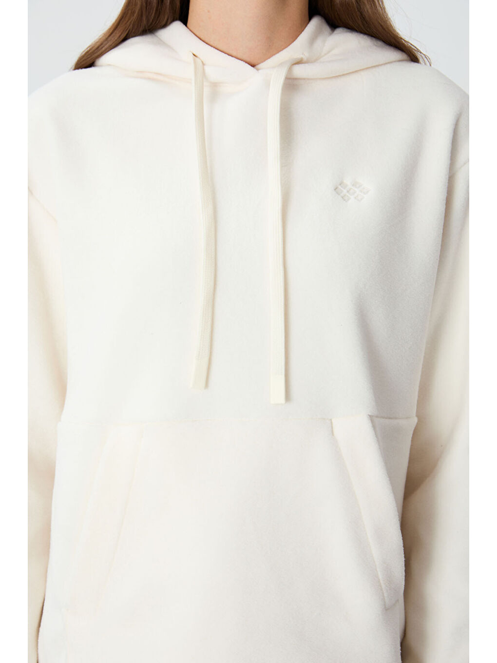 Ekru Kalın Yumuşak Dokulu Hoodie Oversize Nakışlı Polar Kadın 97292-4