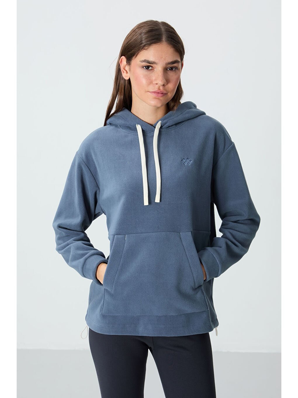 Petrol Kalın Yumuşak Dokulu Hoodie Oversize Nakışlı Polar Kadın 97292