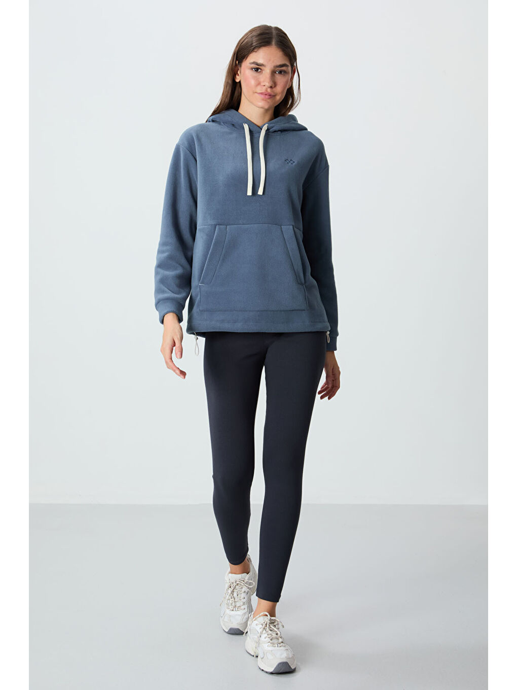 Petrol Kalın Yumuşak Dokulu Hoodie Oversize Nakışlı Polar Kadın 97292-1