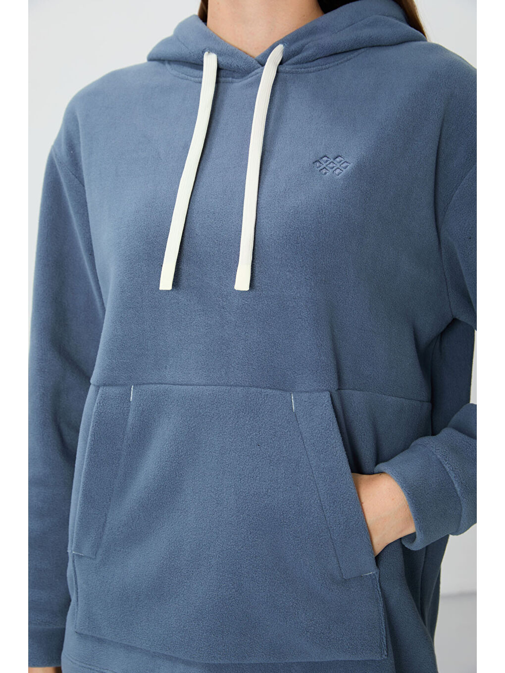 Petrol Kalın Yumuşak Dokulu Hoodie Oversize Nakışlı Polar Kadın 97292-2