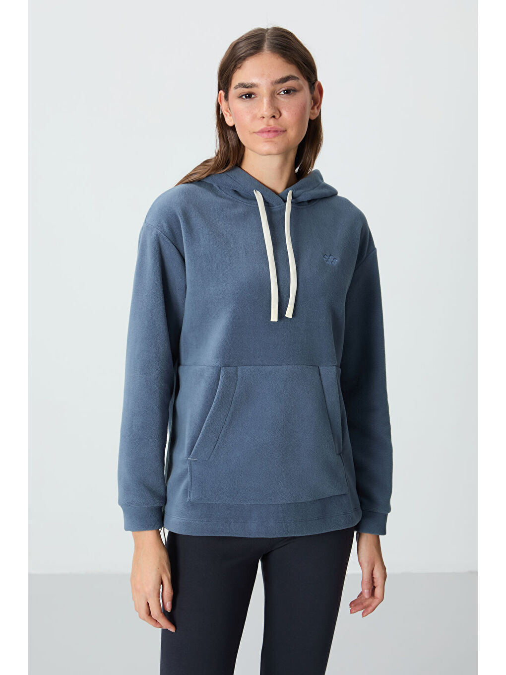 Petrol Kalın Yumuşak Dokulu Hoodie Oversize Nakışlı Polar Kadın 97292-3