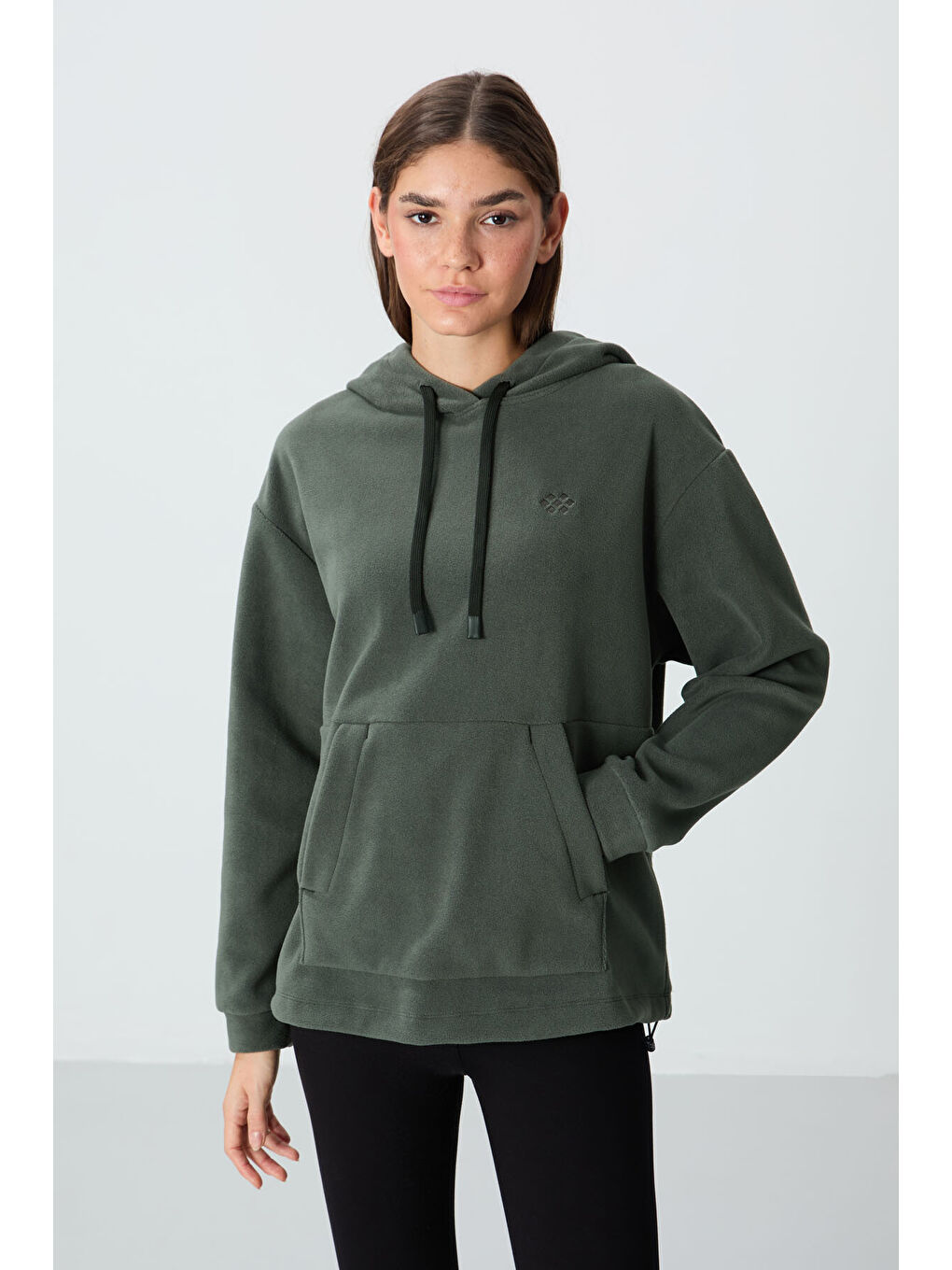 Haki Kalın Yumuşak Dokulu Hoodie Oversize Nakışlı Polar Kadın 97292