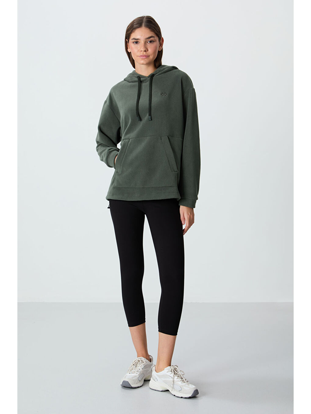 Haki Kalın Yumuşak Dokulu Hoodie Oversize Nakışlı Polar Kadın 97292-1