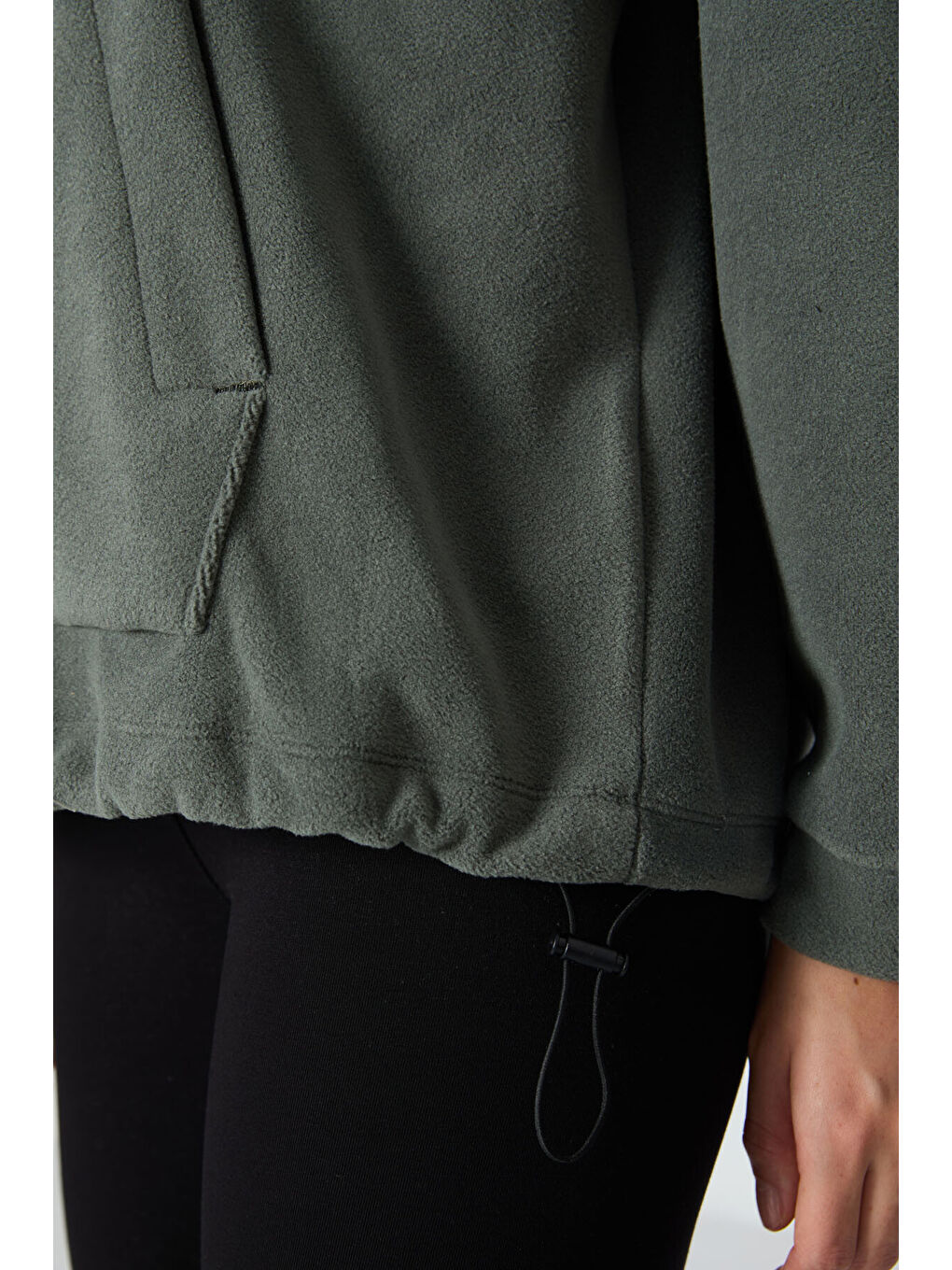 Haki Kalın Yumuşak Dokulu Hoodie Oversize Nakışlı Polar Kadın 97292-2