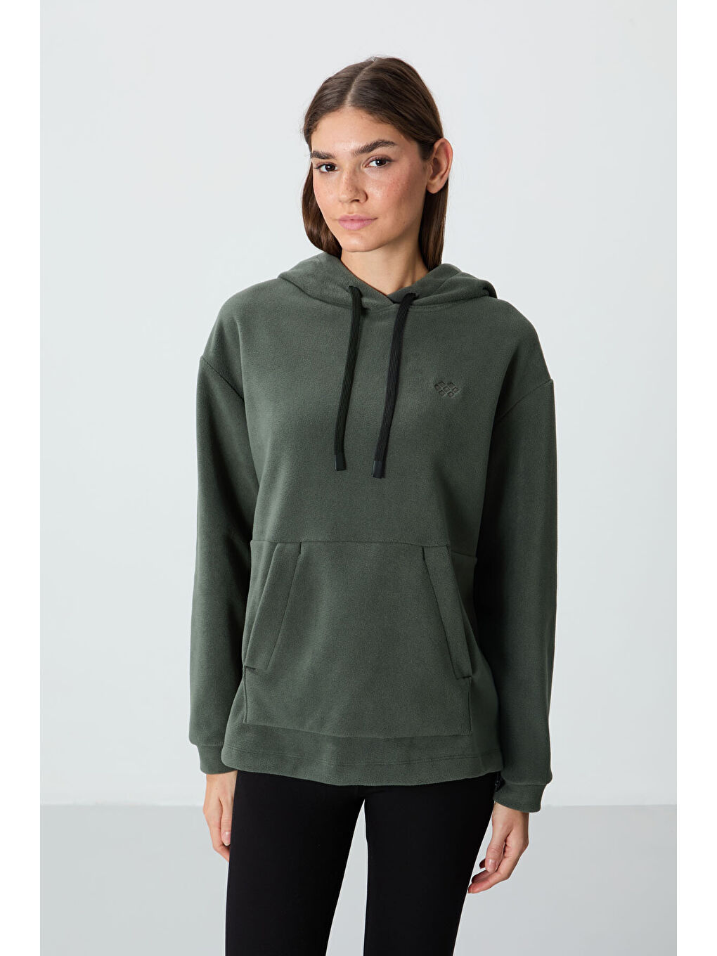 Haki Kalın Yumuşak Dokulu Hoodie Oversize Nakışlı Polar Kadın 97292-3