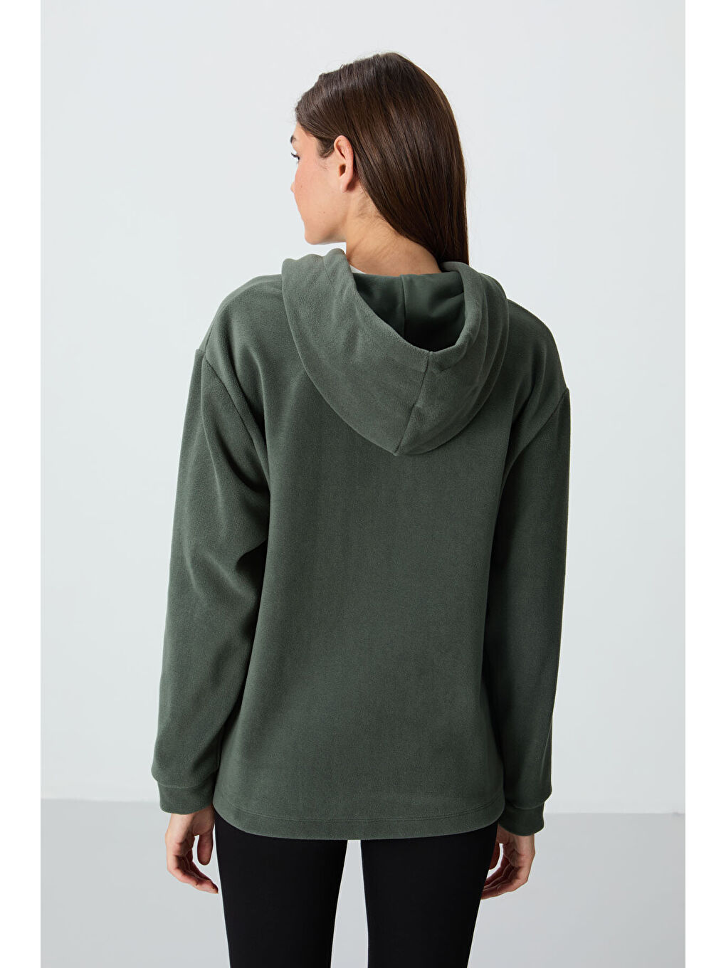 Haki Kalın Yumuşak Dokulu Hoodie Oversize Nakışlı Polar Kadın 97292-4