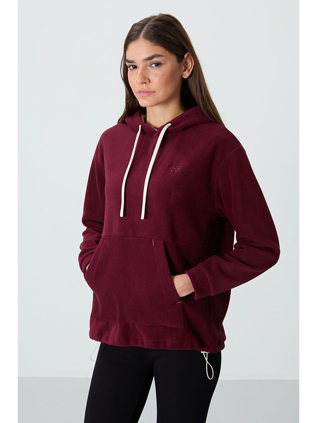 Mor Erguvan Kalın Yumuşak Dokulu Hoodie Oversize Nakışlı Polar Kadın 97292-1