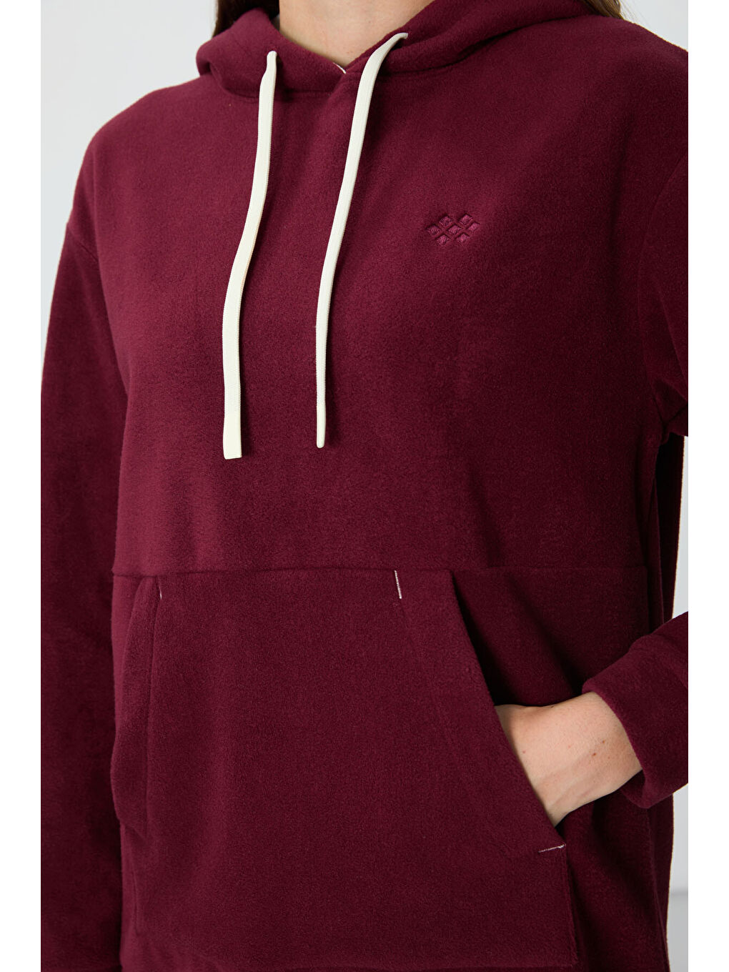 Mor Erguvan Kalın Yumuşak Dokulu Hoodie Oversize Nakışlı Polar Kadın 97292-2