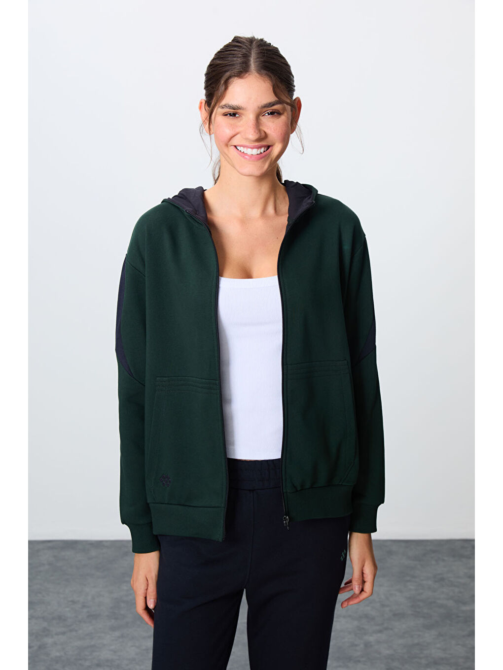 Çam Yeşili Lacivert Kompakt Pamuklu Kalın Pürüzsüz Dokulu Kapüşonlu Oversize Fit Kadın Eşofman Takım-1