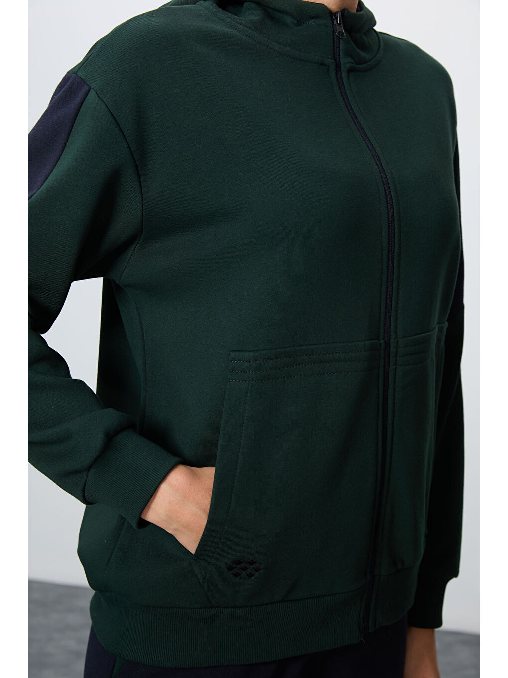 Çam Yeşili Lacivert Kompakt Pamuklu Kalın Pürüzsüz Dokulu Kapüşonlu Oversize Fit Kadın Eşofman Takım-2