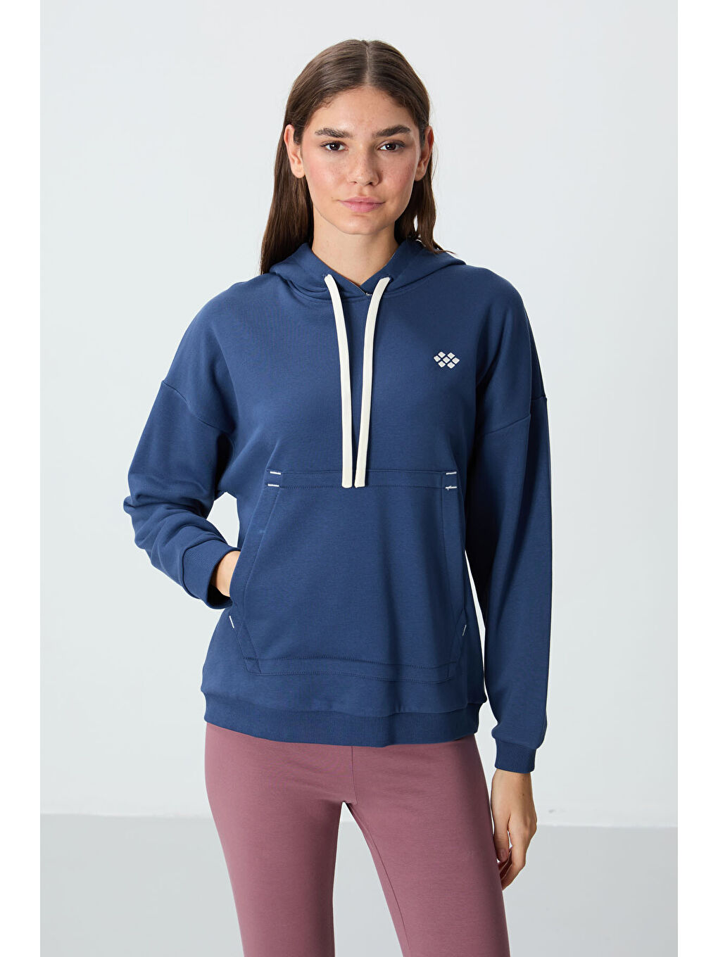 Lacivert Parlament Kompakt Pamuklu Kalın Pürüzsüz Dokulu Kapüşonlu Oversize Fit Kadın Sweatshirt   97291