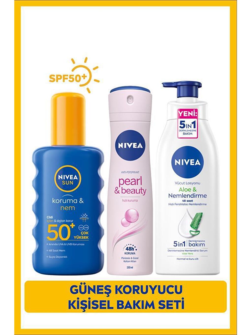 NIVEA Şeffaf Sun Güneş Koruyucu Kişisel Bakım Seti, SPF 50+ Güneş Kremi 200 ml, Deodorant, Vücut Losyonu