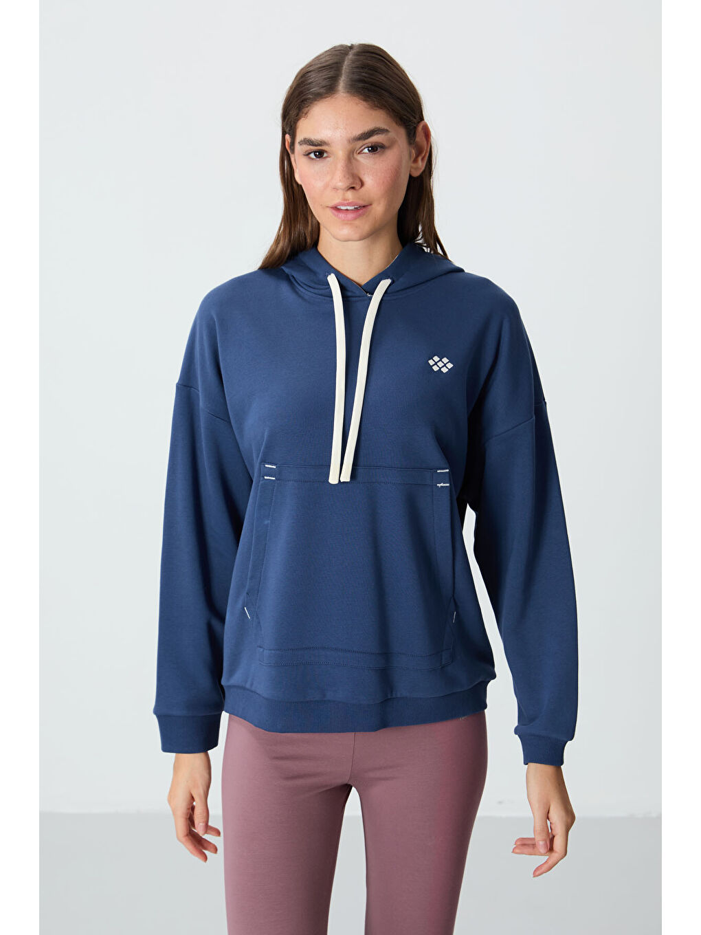 Lacivert Parlament Kompakt Pamuklu Kalın Pürüzsüz Dokulu Kapüşonlu Oversize Fit Kadın Sweatshirt   97291-4