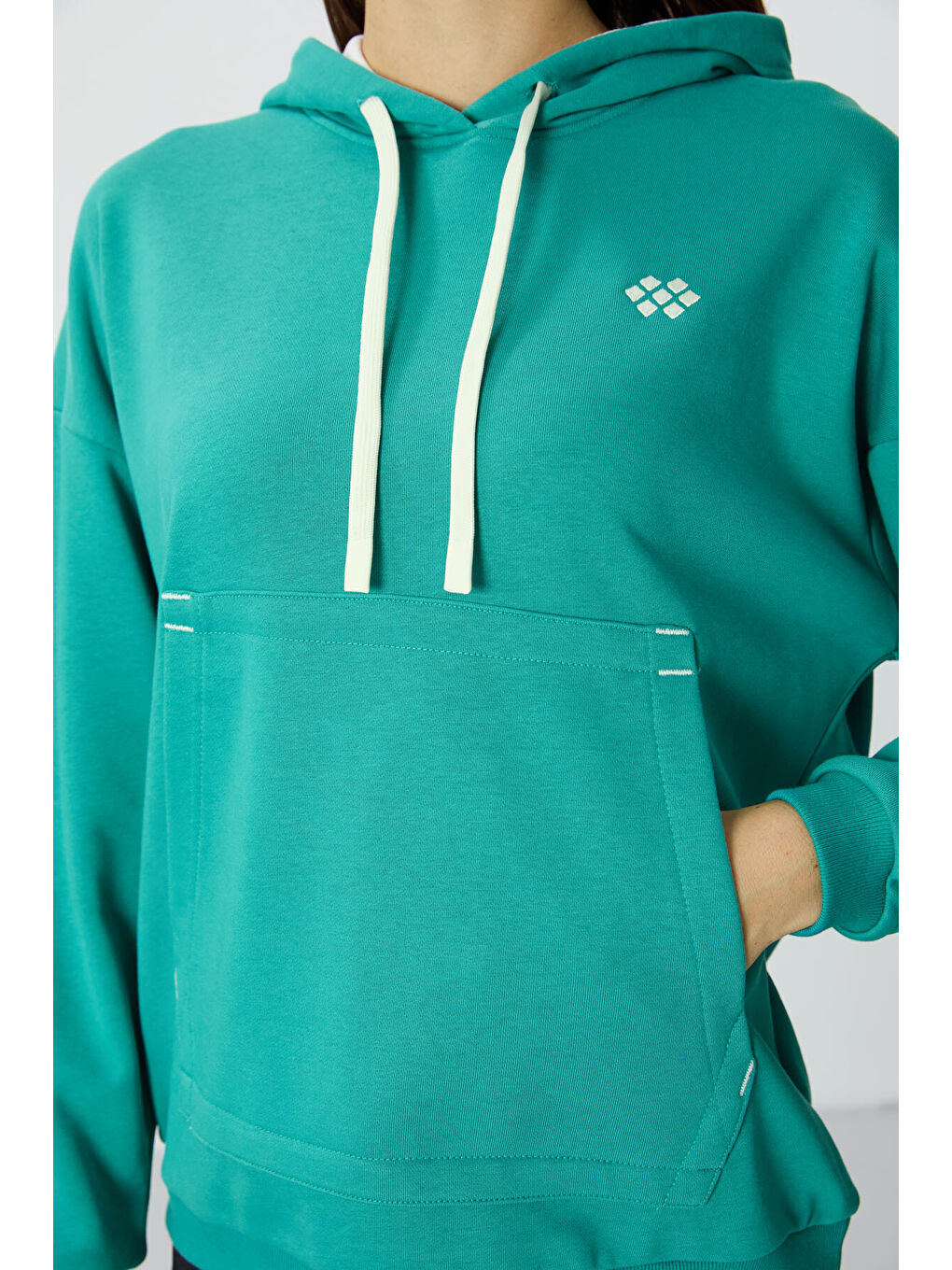 Deniz Yeşili Kompakt Pamuklu Kalın Pürüzsüz Dokulu Kapüşonlu Oversize Fit Kadın Sweatshirt   97291-1