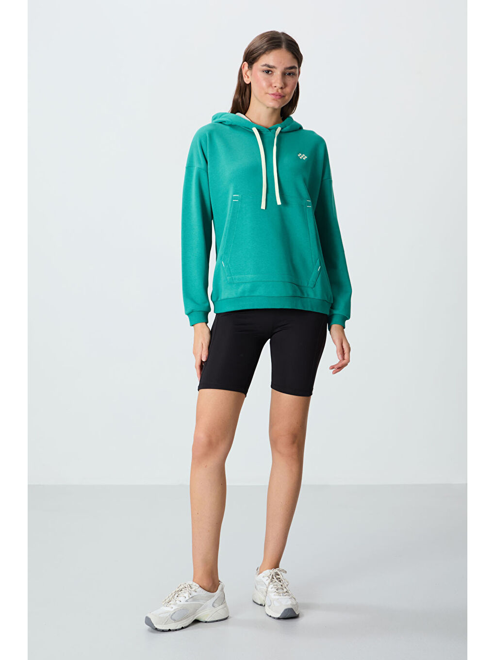 Deniz Yeşili Kompakt Pamuklu Kalın Pürüzsüz Dokulu Kapüşonlu Oversize Fit Kadın Sweatshirt   97291-2