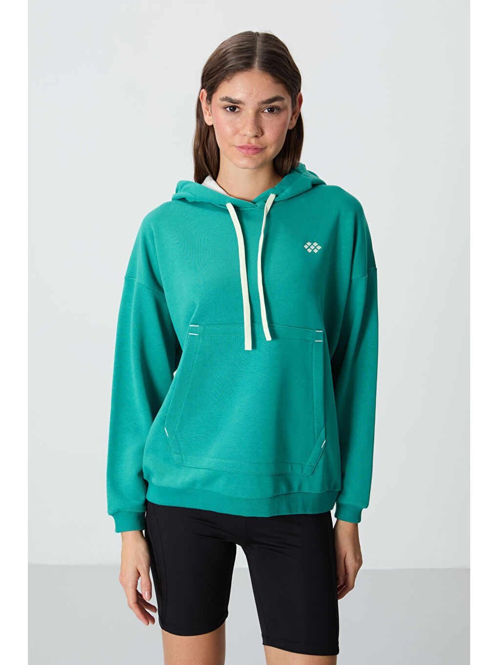 Deniz Yeşili Kompakt Pamuklu Kalın Pürüzsüz Dokulu Kapüşonlu Oversize Fit Kadın Sweatshirt   97291-3