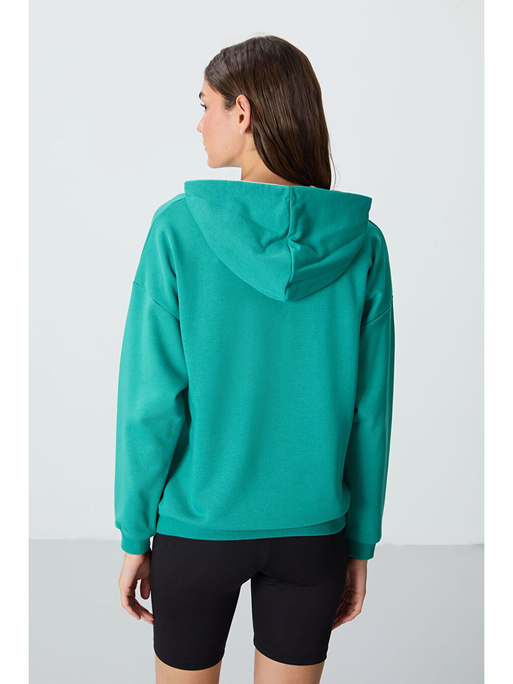 Deniz Yeşili Kompakt Pamuklu Kalın Pürüzsüz Dokulu Kapüşonlu Oversize Fit Kadın Sweatshirt   97291-4