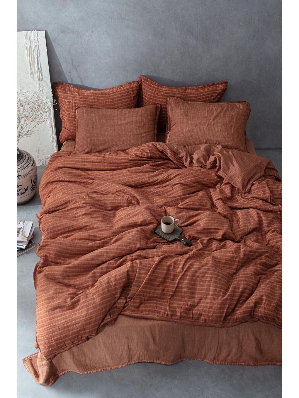 Kahverengi Tara Çift Kişilik Nevresim Takımı %100 Organik Pamuk Müslin