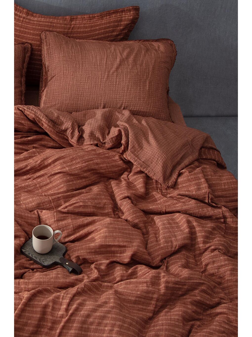 Kahverengi Tara Çift Kişilik Nevresim Takımı %100 Organik Pamuk Müslin-1
