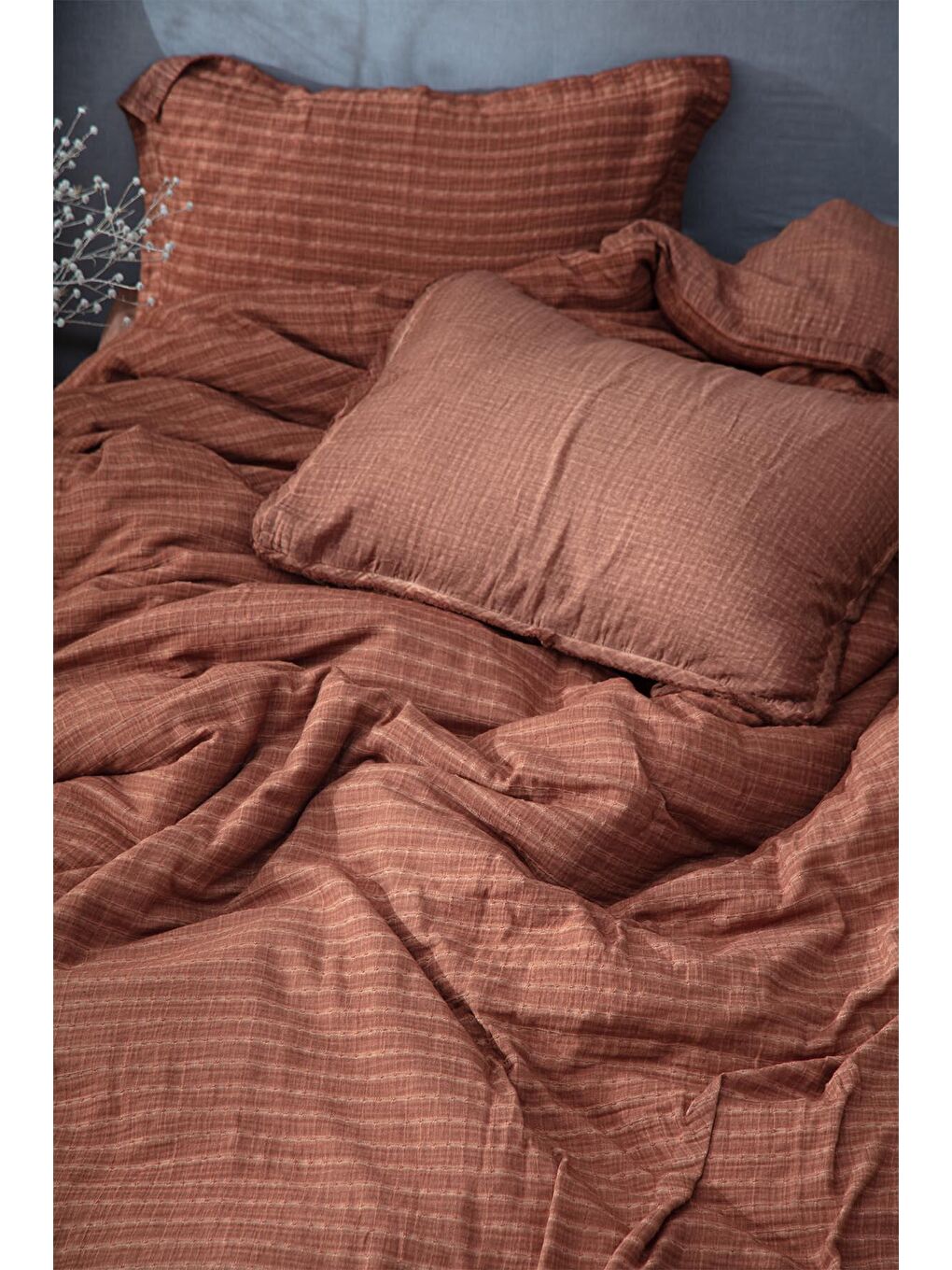 Kahverengi Tara Çift Kişilik Nevresim Takımı %100 Organik Pamuk Müslin-2