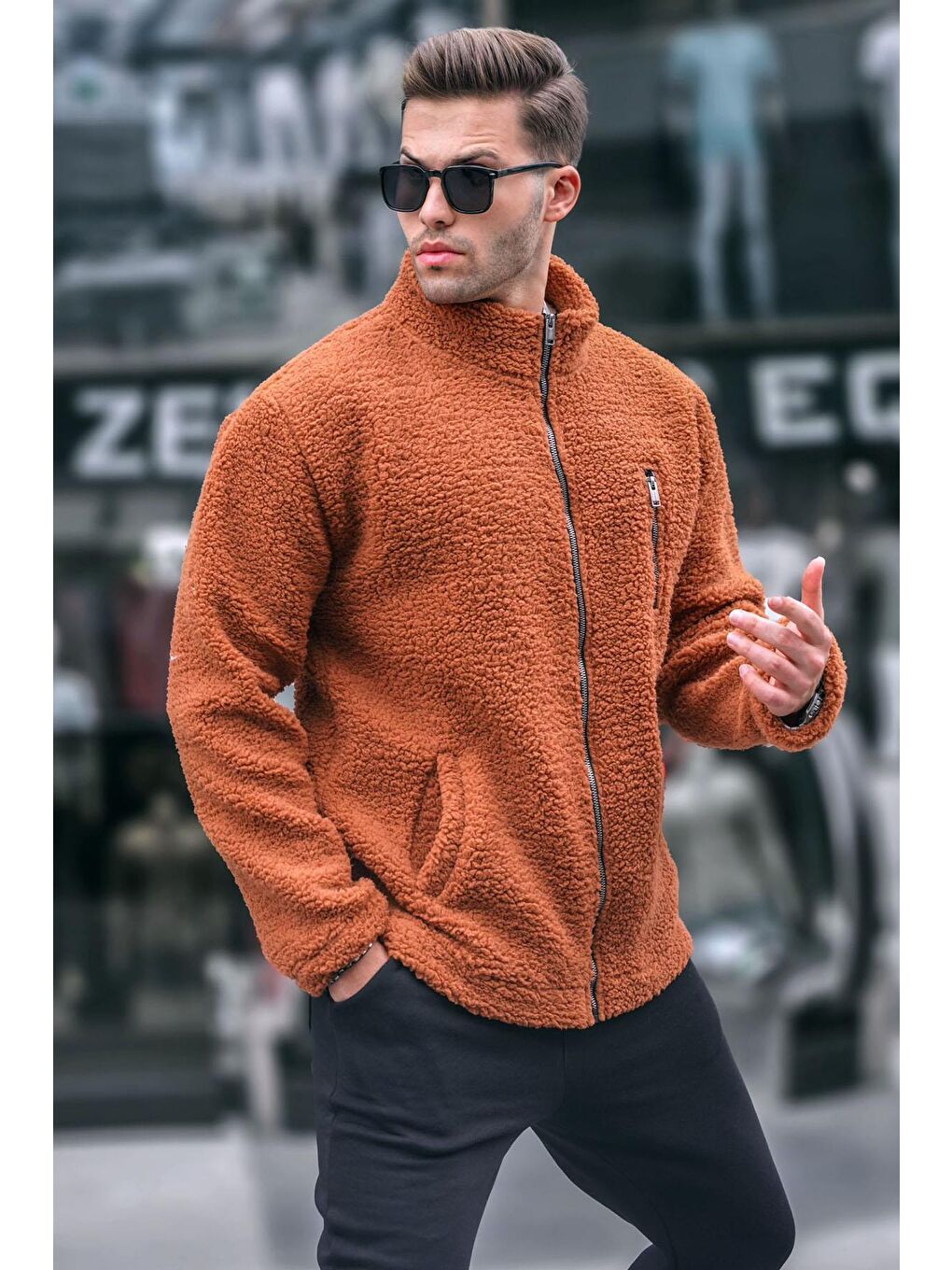 Kahverengi Kiremit  Pelüş Fermuarlı Sweatshirt 6152-1