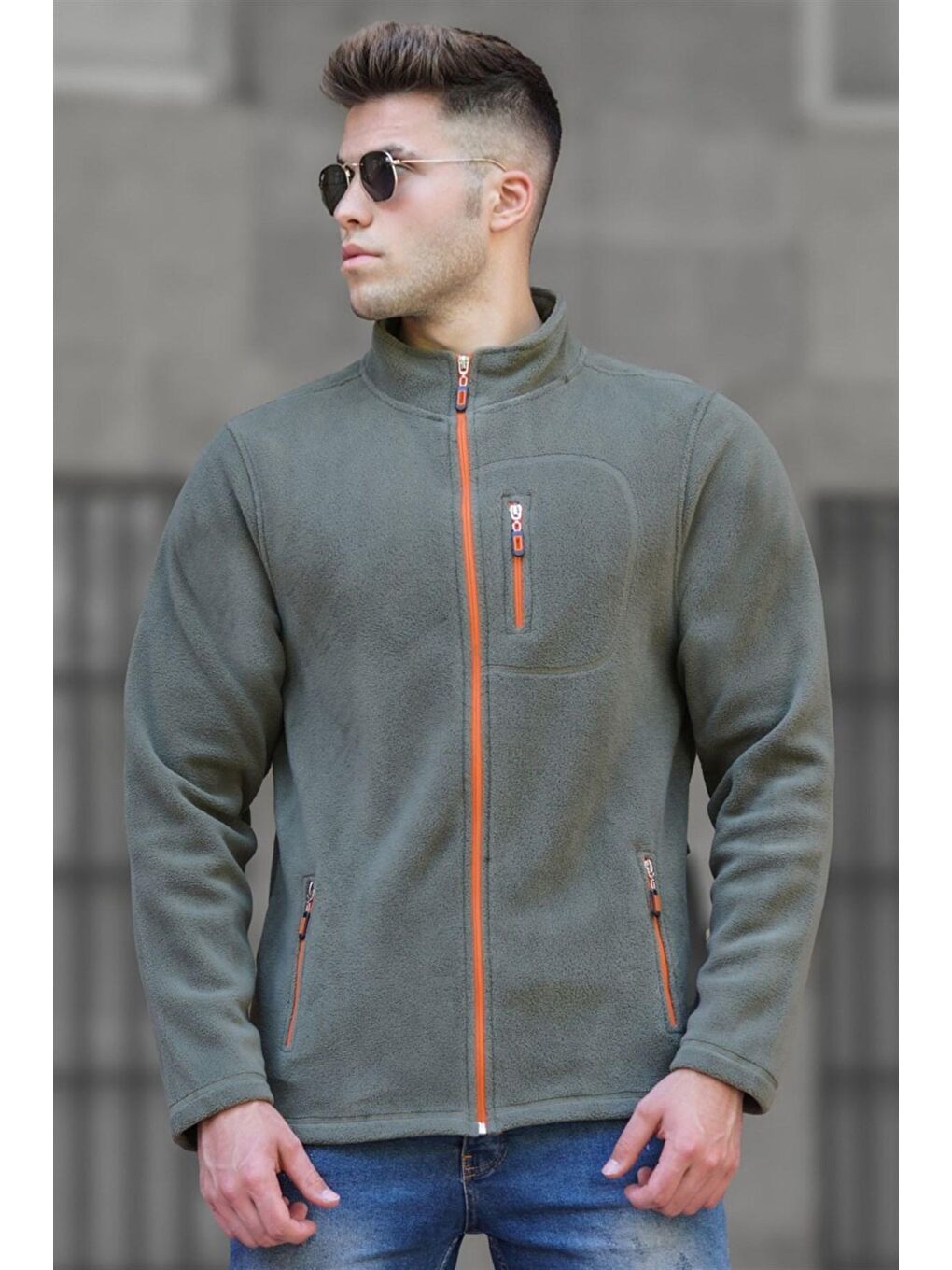 Haki Bato Yaka Soğuk Geçirmez Anti-Pilling Kumaş  Polar Erkek Fermuarlı Sweatshirt Hırka  4994