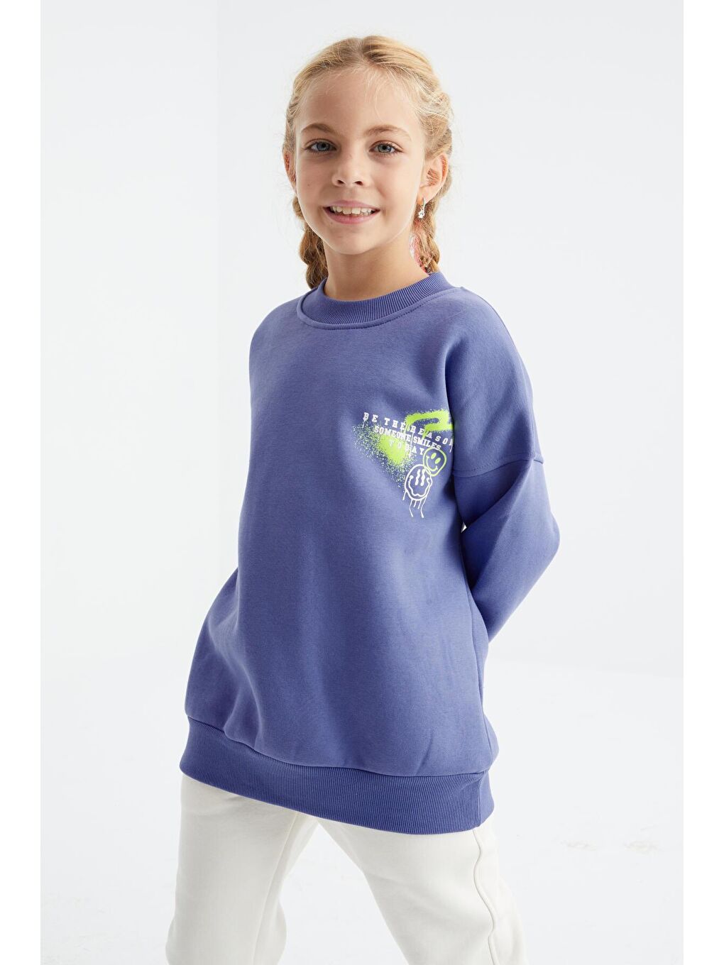 TOMMYLIFE Mor Açık Eflatun Sırt Baskılı Bisiklet Yaka Oversize Kız Çocuk Sweatshirt - 75095 - 4