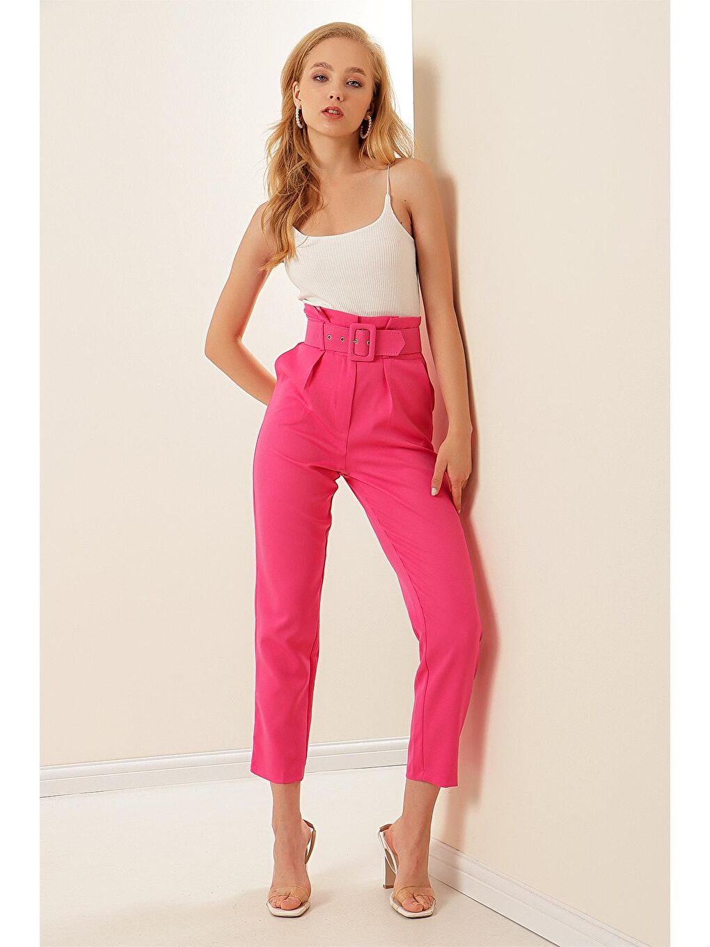 Pembe Kemerli Yüksek Bel Kumaş Pantolon-1