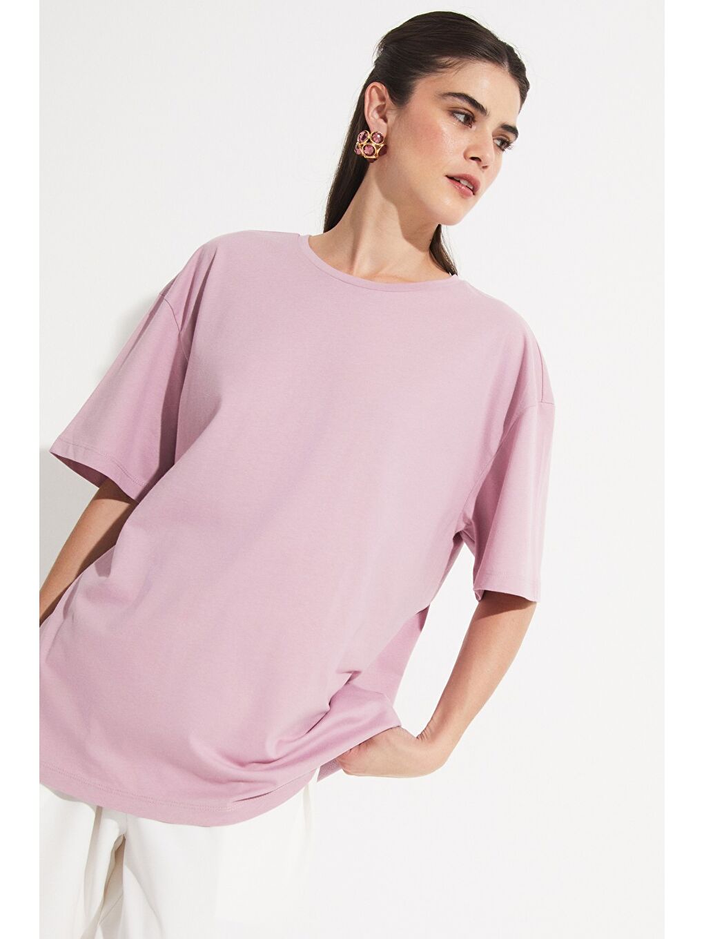 Lila Oversize %100 Pamuk Tişört-1