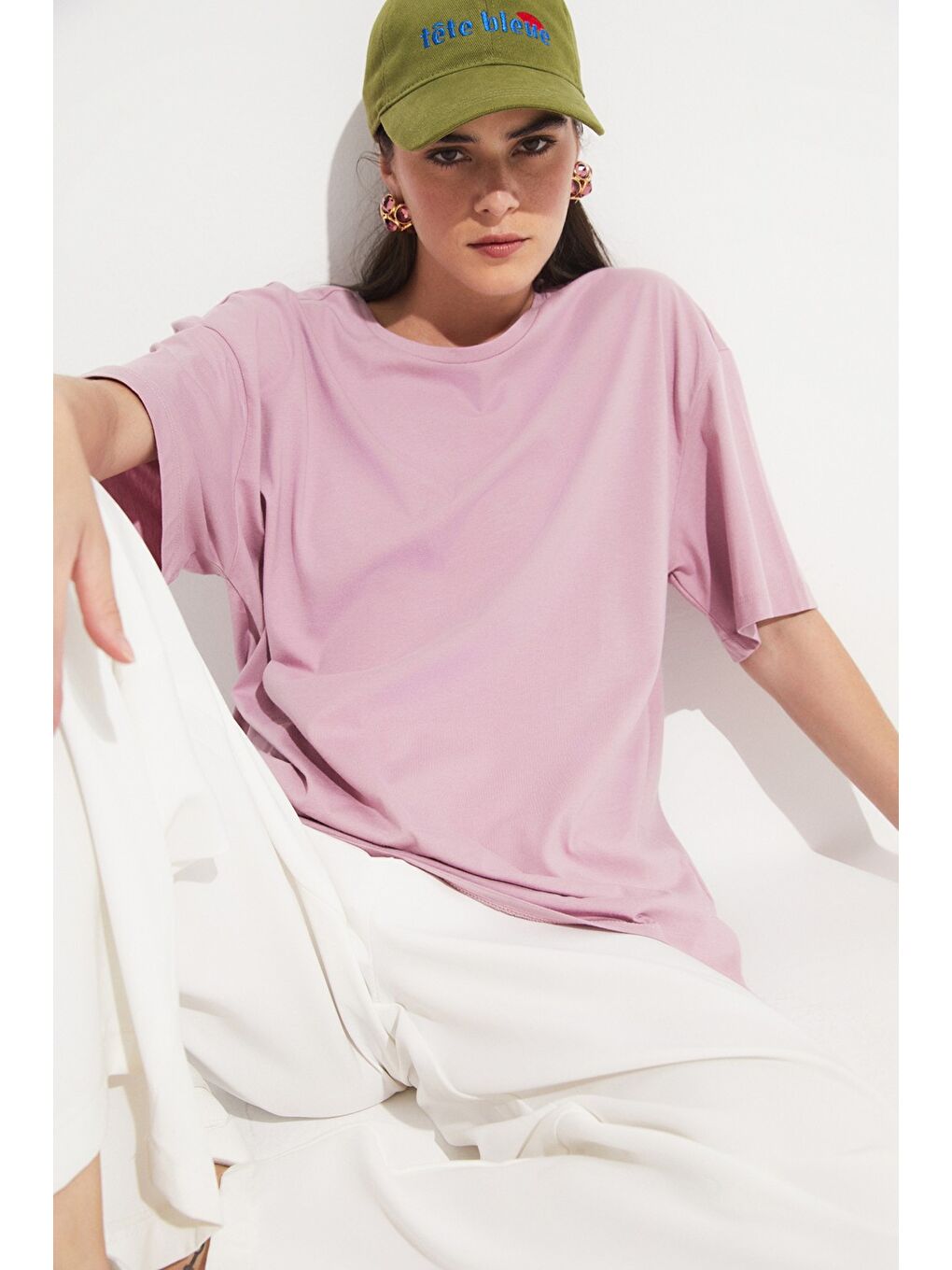 Lila Oversize %100 Pamuk Tişört-4
