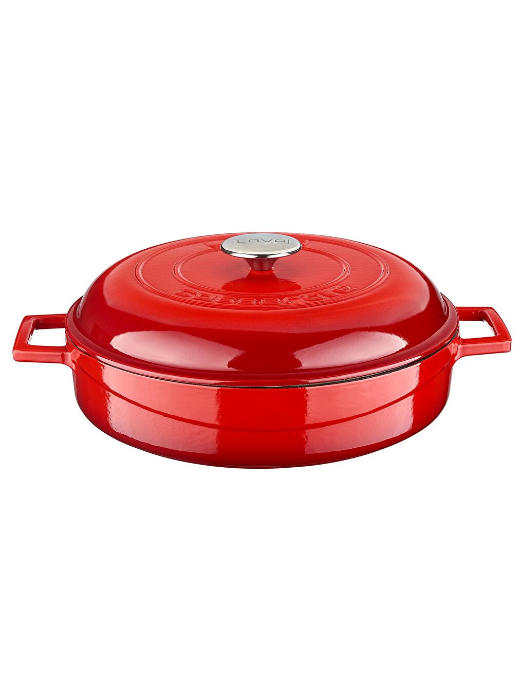 Kırmızı Çok Amaçlı Yayvan Tencere Döküm Demir Yekpare Kulplu Kubbe Form Kapaklı Edition Serisi Çap(Ø)28cm.