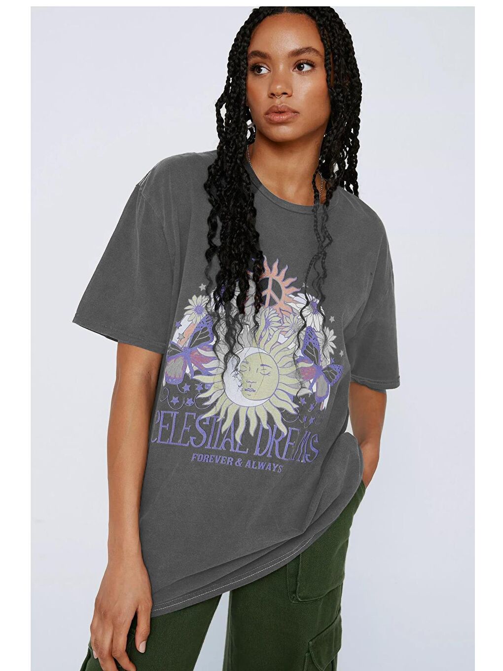 Gri Füme Baskılı Kadın Tişört Mg1767