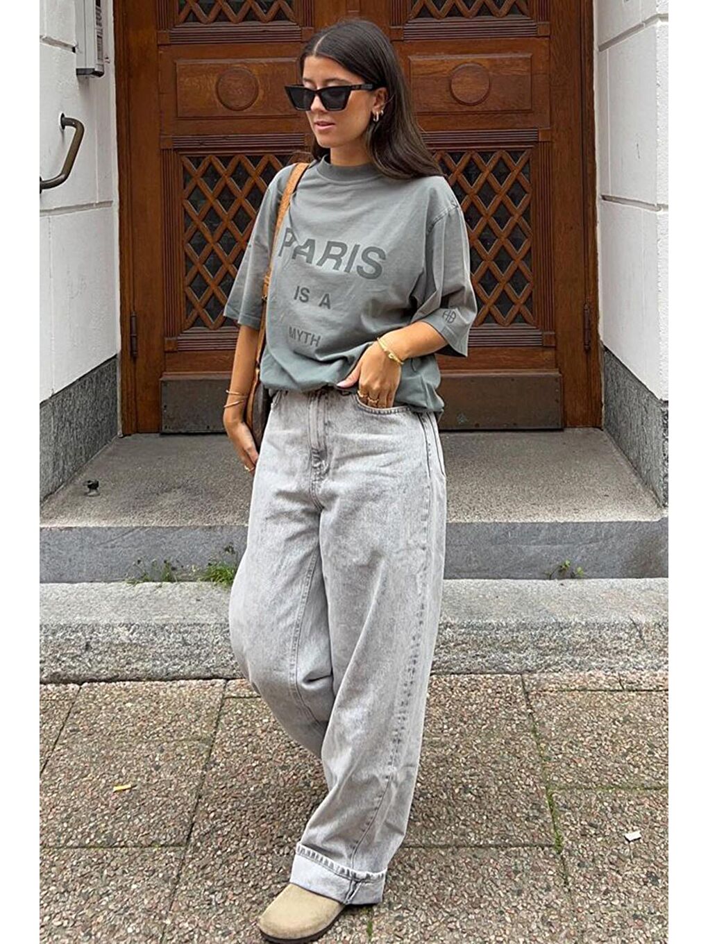 Gri Füme Paris Baskılı Kadın Tişört Mg1654-1