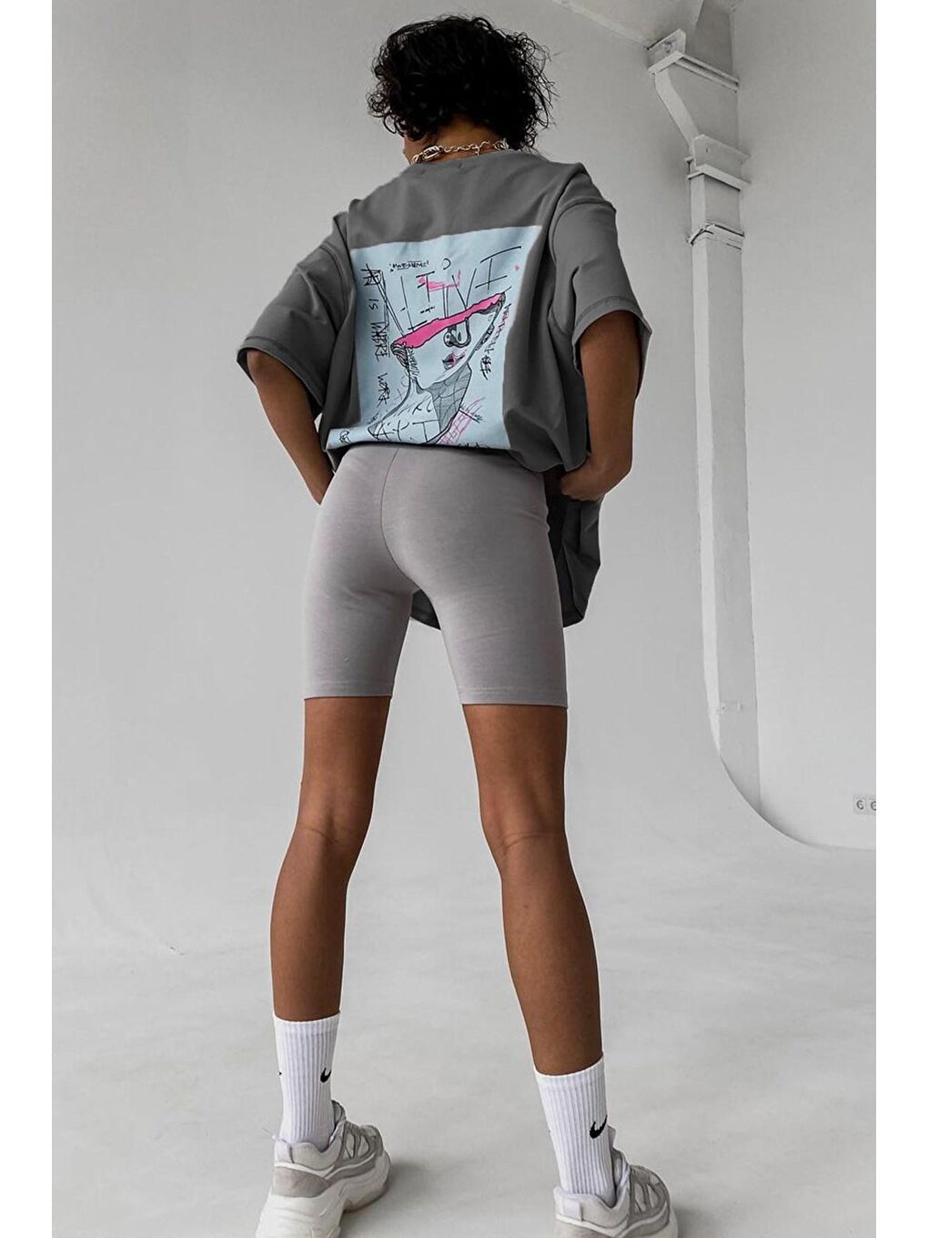 Gri Füme Baskılı Oversize Tişört Mg1491-3