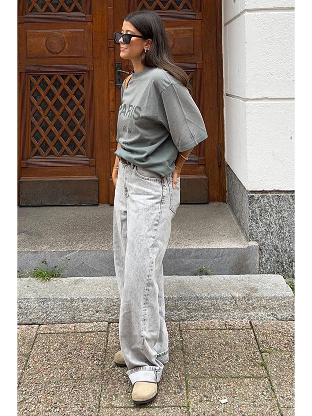 Gri Füme Paris Baskılı Kadın Tişört Mg1654-4