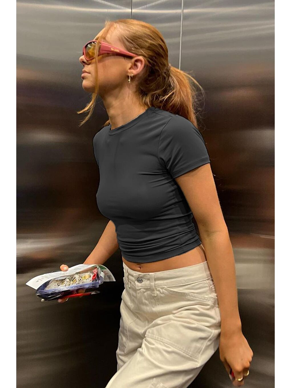 Gri Füme Bisiklet Yaka Basic Kadın Tişört Mg1725