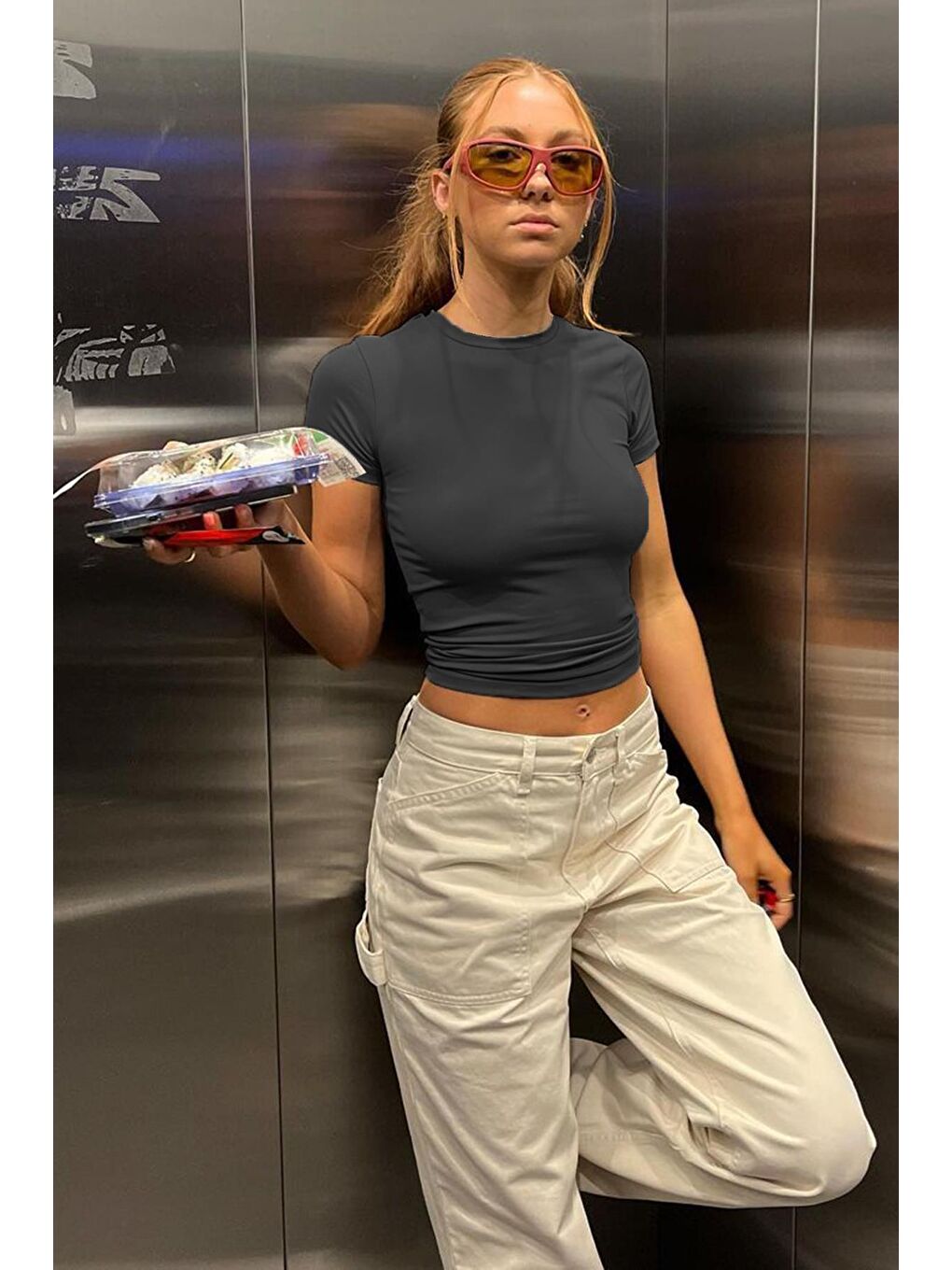 Gri Füme Bisiklet Yaka Basic Kadın Tişört Mg1725-1