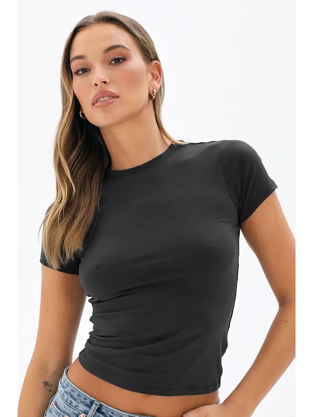 Gri Füme Bisiklet Yaka Basic Kadın Tişört Mg1725-2