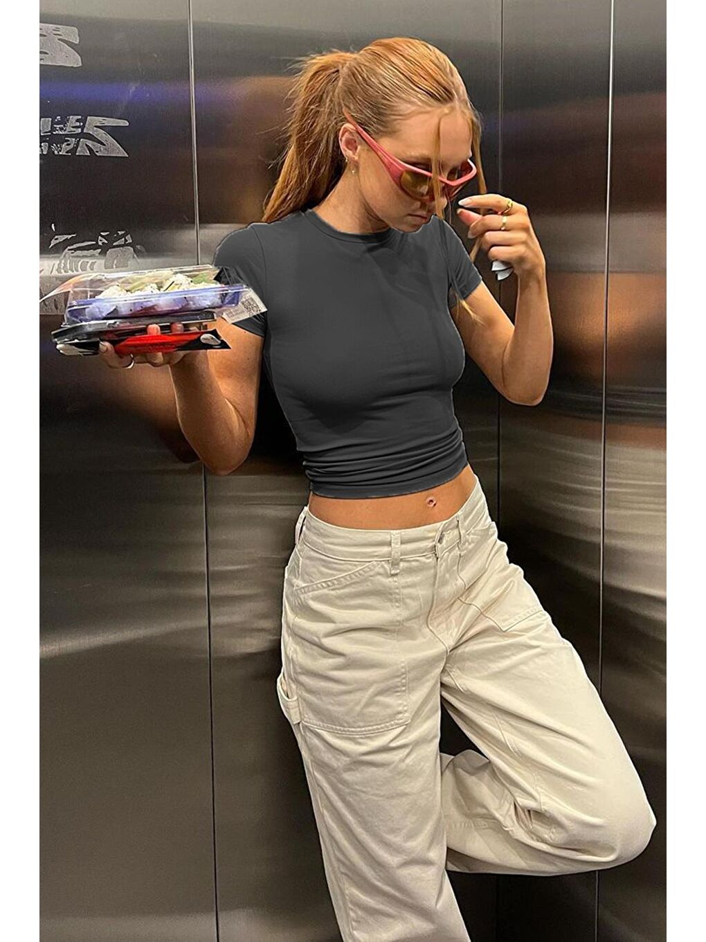 Gri Füme Bisiklet Yaka Basic Kadın Tişört Mg1725-3