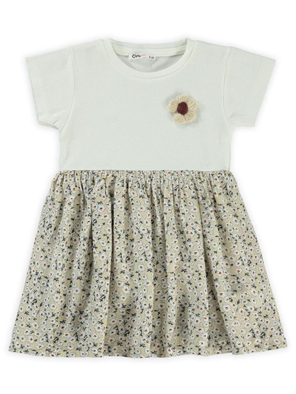 Bej Girls Çiçek Desenli 2-5 Yaş Elbise