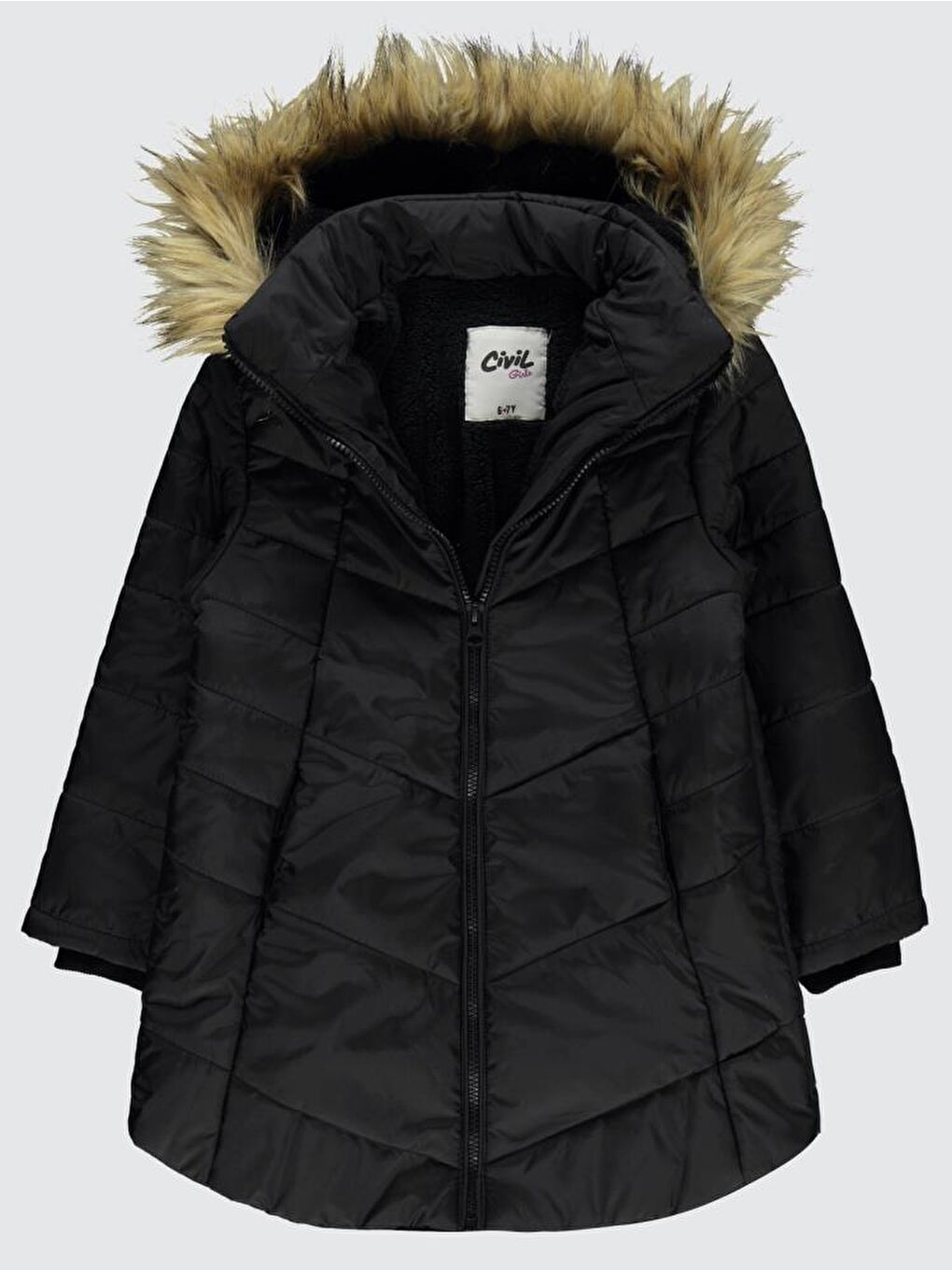 Siyah Girls Kapüşonu Tüylü 6-9 Yaş Mont-2