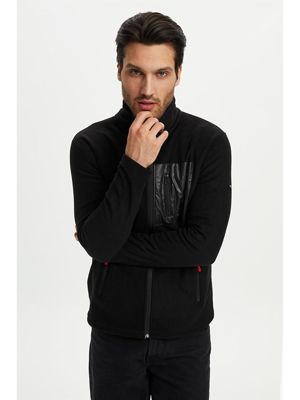 Siyah Polar Göğüs Cep Detaylı Kışlık Erkek Fermuarlı Sweatshirt Hırka PO-002