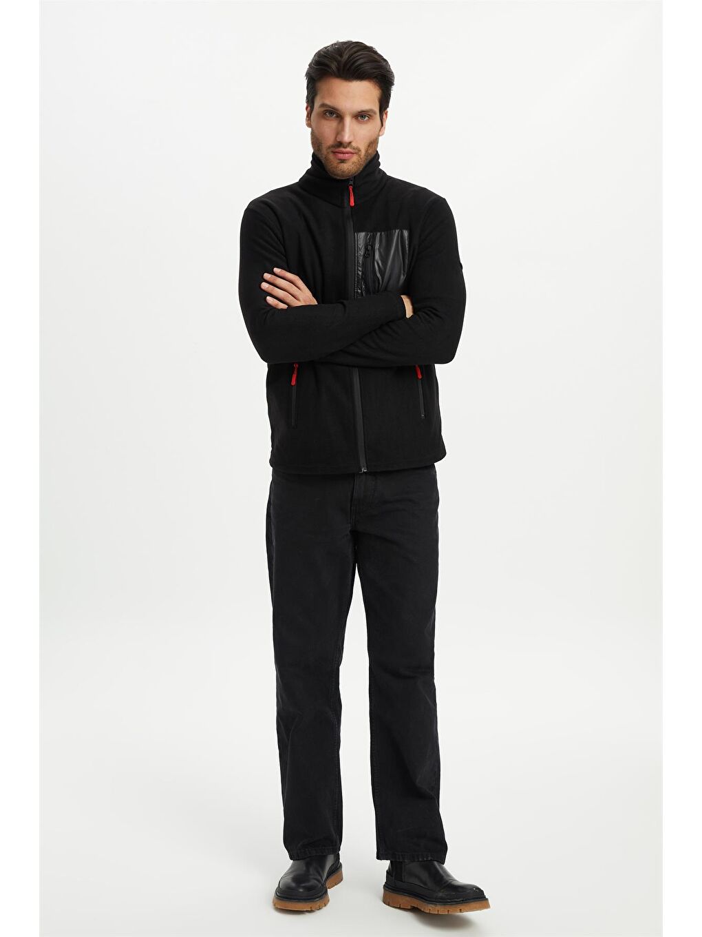 Siyah Polar Göğüs Cep Detaylı Kışlık Erkek Fermuarlı Sweatshirt Hırka PO-002-1