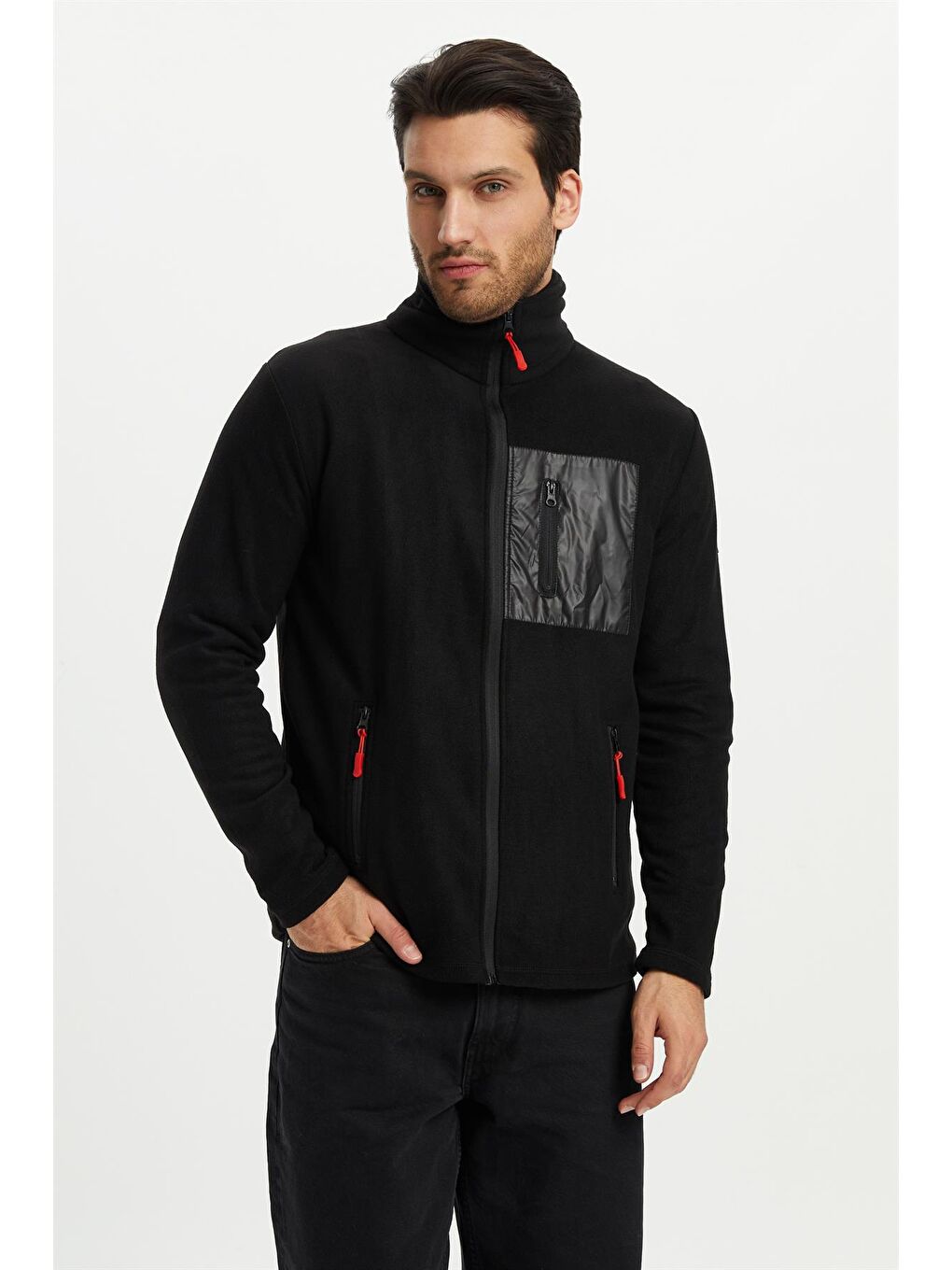 Siyah Polar Göğüs Cep Detaylı Kışlık Erkek Fermuarlı Sweatshirt Hırka PO-002-2