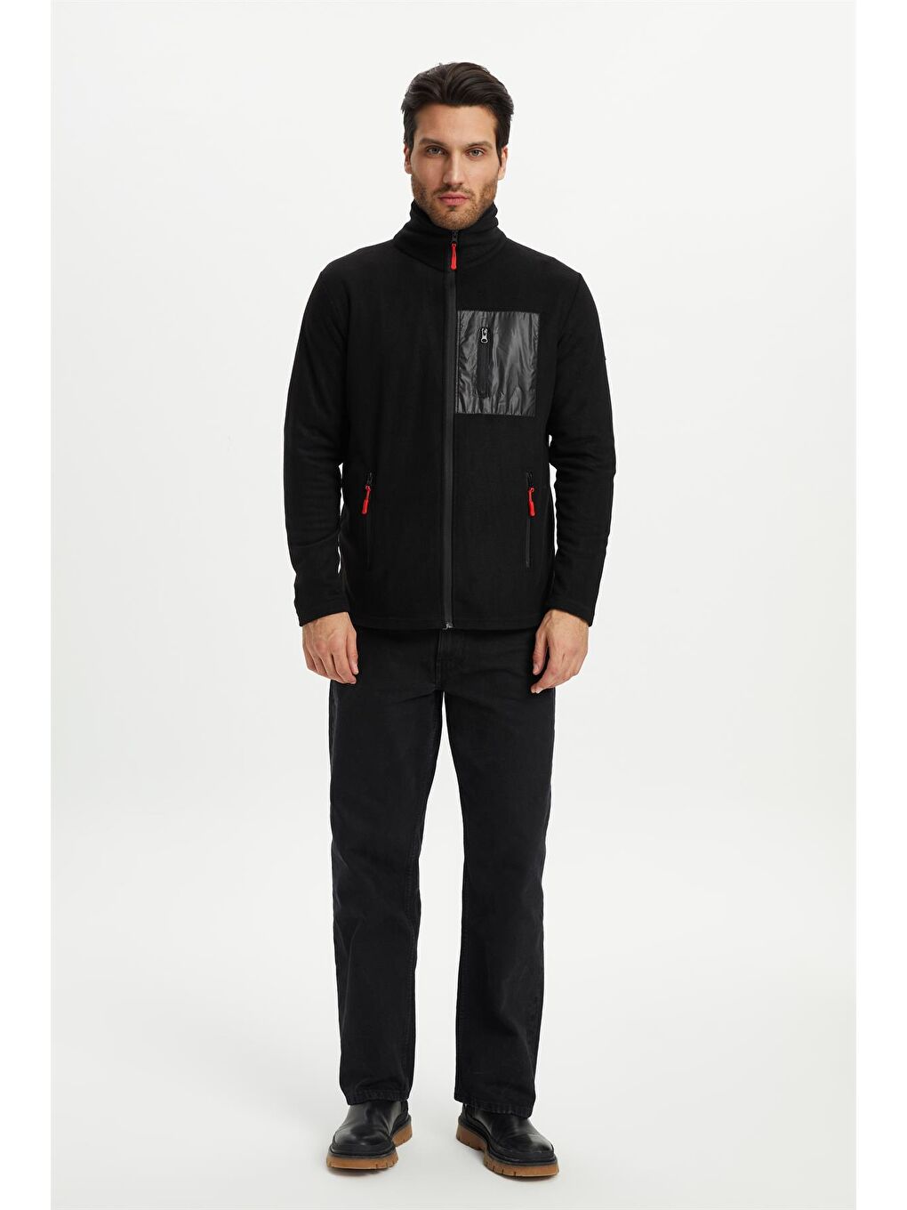 Siyah Polar Göğüs Cep Detaylı Kışlık Erkek Fermuarlı Sweatshirt Hırka PO-002-3