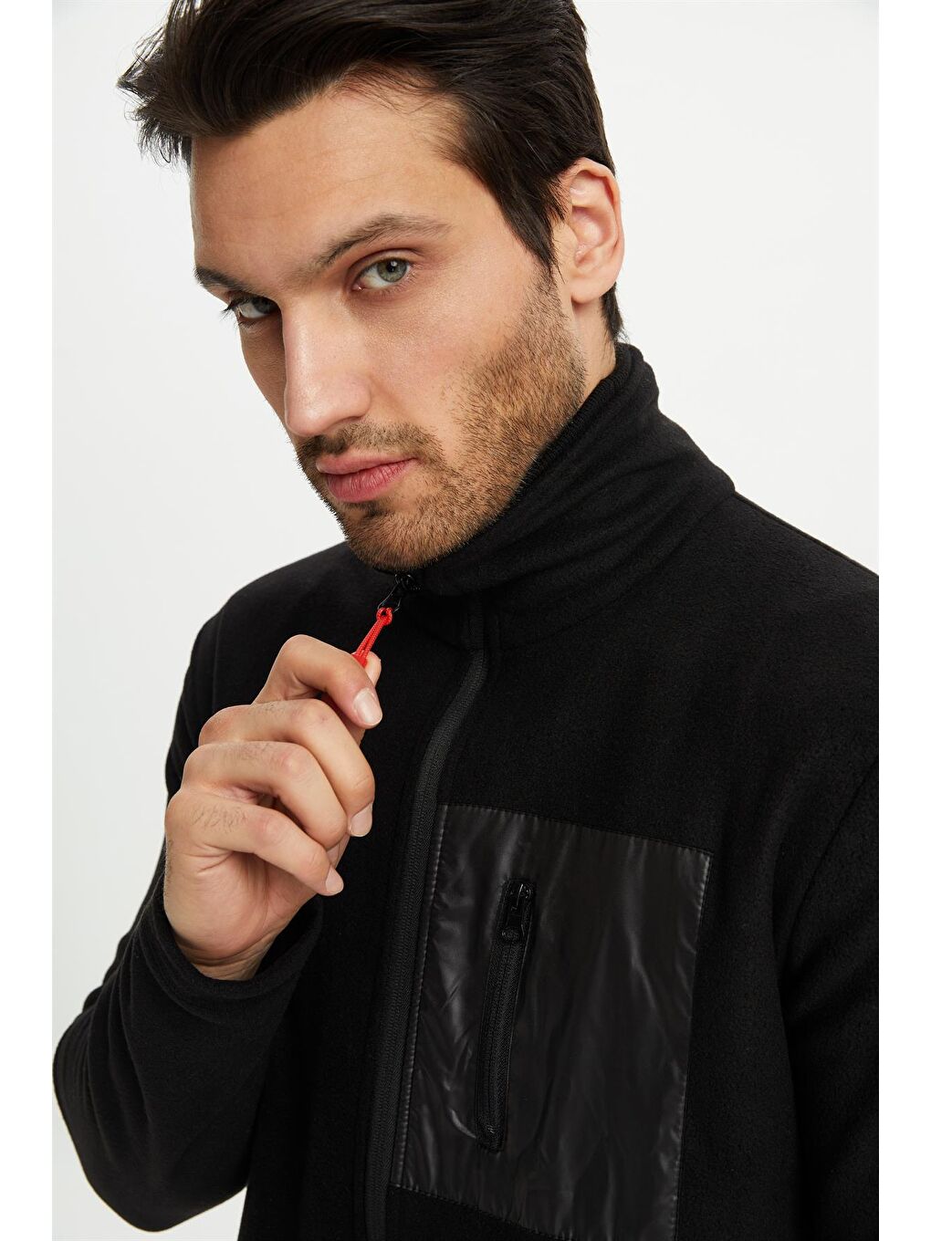 Siyah Polar Göğüs Cep Detaylı Kışlık Erkek Fermuarlı Sweatshirt Hırka PO-002-4