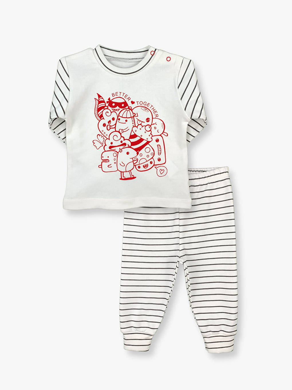 Ekru Bisiklet Yaka Uzun Kollu Erkek Bebek Pijama Takımı