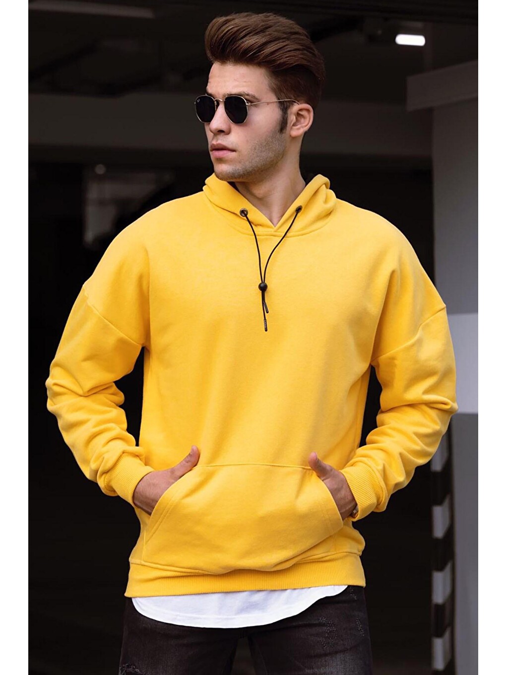 Basic Sarı Erkek Kapüşonlu Sweatshirt 4764